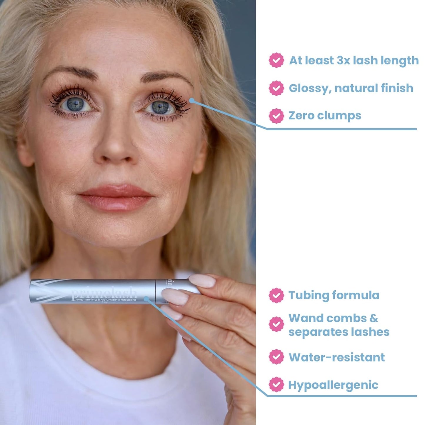 PrimeLash Mascara for Older Women – Volumizing, Incredible Length in 2 Coats – Long-Stay, Zero Clumps, Hypoallergenic (Blue)