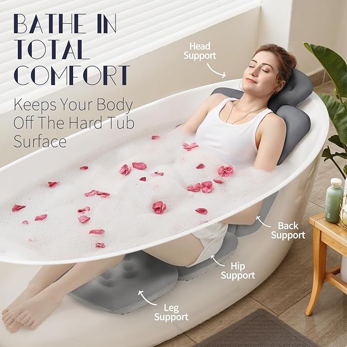 Full Body Bath Pillow for Bathtub, Thick Bathtub Cushion, Luxury Tub Pillow for Bath for Headrest Neck and Back Support Gray 56" x 16"