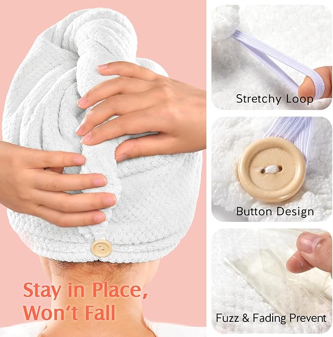 YFONG 2 Pack Microfiber Hair Towel Wrap for Women, Super Absorbent Quick Dry Hair Turban for All Hair Style Anti Frizz, Large Hair Drying Towel with Button