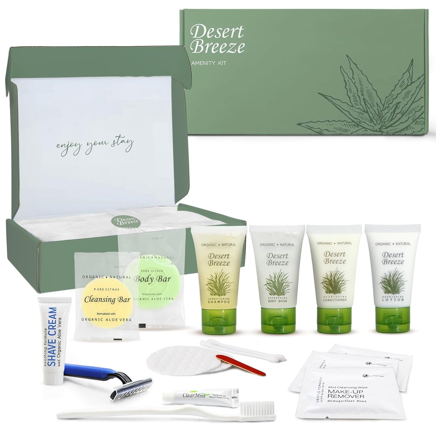 Amenity & Accessory Kit | 1 oz Travel Size Shampoo, Conditioner, Lotion, Body Wash, Body Bar, Cleansing Bar, Shave & Dental Sets, Make-Up Remover Wipes, & Vanity Kit | 1 set per case