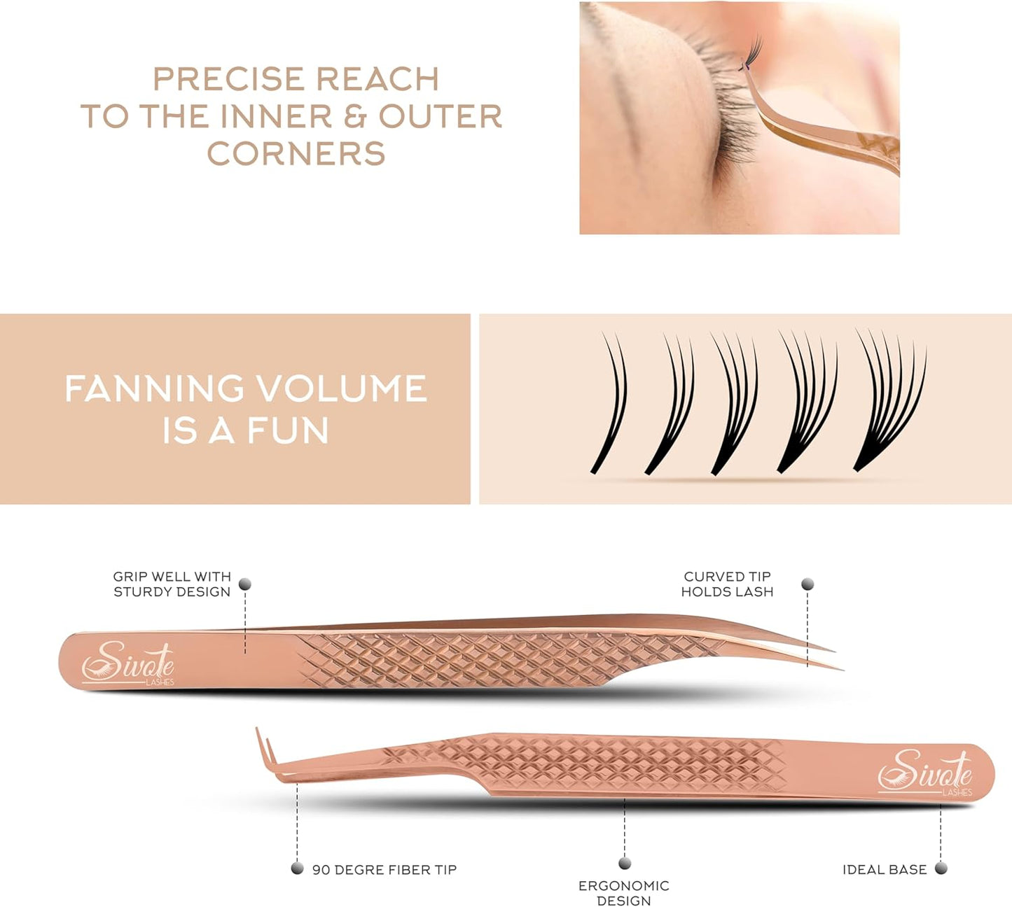 SIVOTE Eyelash Extension Tweezers Fiber Tips Japanese Steel, Set of 6 – Curved, Dolphin, 90° 45° Volume Boot & Slight Curved Tweezer – Professional Lash Tweezers for Lash Extensions Rose Gold