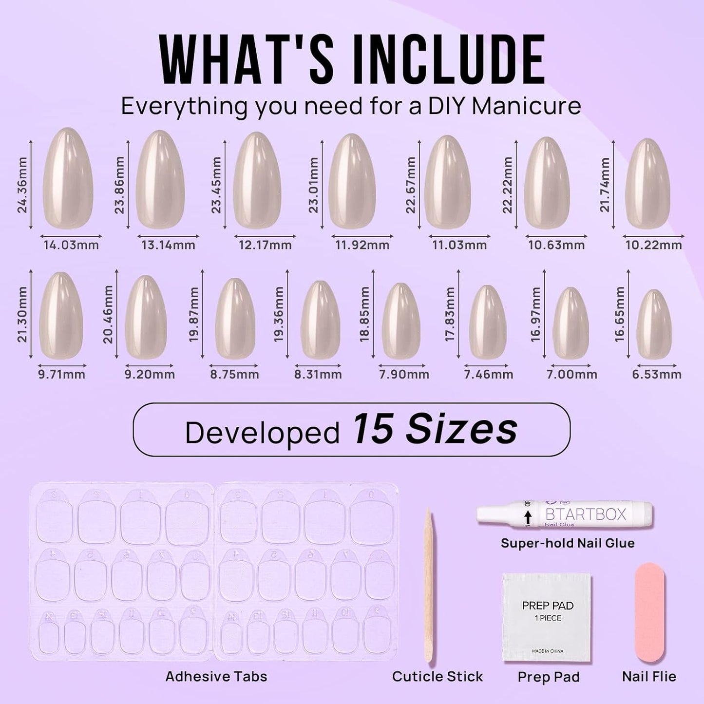 BTArtbox Press On Nails Almond - Medium Soft Gel Chrome Nails, Glue On Nails with Nail Glue, Reusable Stick On Nails in 15 Sizes - 30 Soft Gel Fake Nails Kit, Nuts Glazed