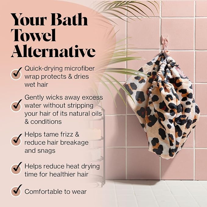 Kitsch Microfiber Hair Towel Wrap for Women – Ultra Absorbent Microfiber Bath Towels for Wet, Curly, Long or Short Hair – Anti-Frizz Hair Wrap, Great Hair Care Gifts for Women – Leopard
