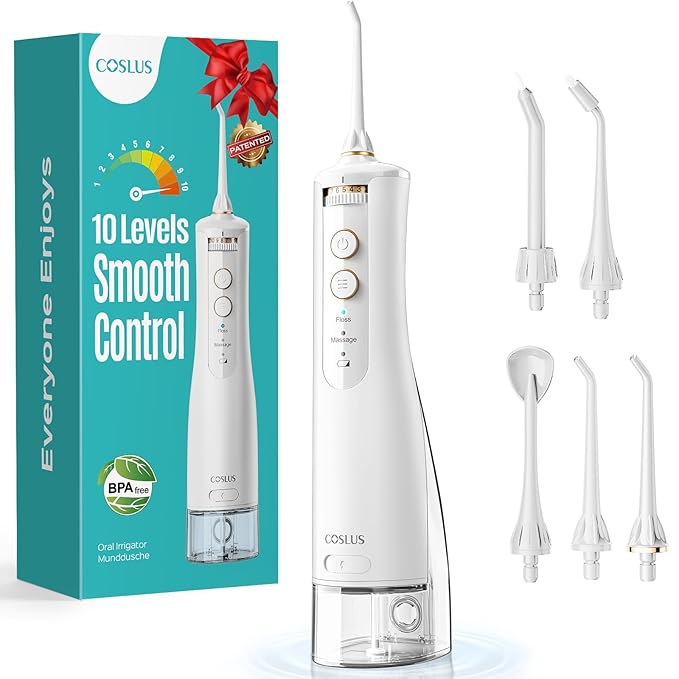 COSLUS E40 Portable Water Flosser for Teeth: 10 Pressure Settings Professional Water Dental Pick for Orthodontic, Braces & Sensitive Gums - Cordless for Travel Use, for Adults Teens, BPA-Free