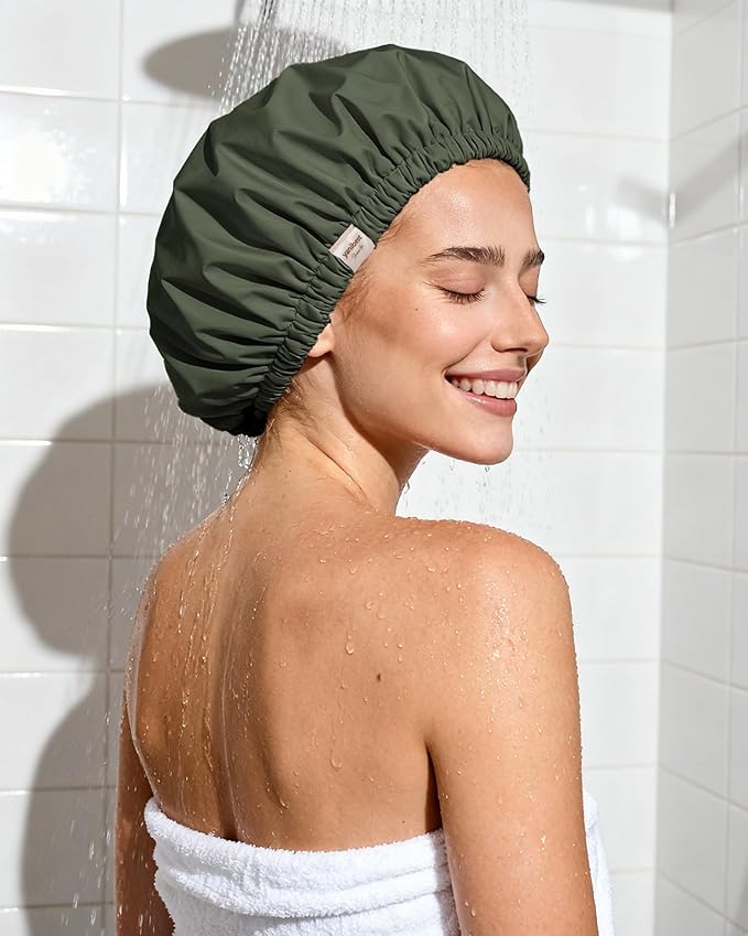 Yanibest Satin Lined Shower Cap for Women Reusable Waterproof, Large Bath Cap with Soft Elastic Band, Luxury Hair Protection Caps (Green)