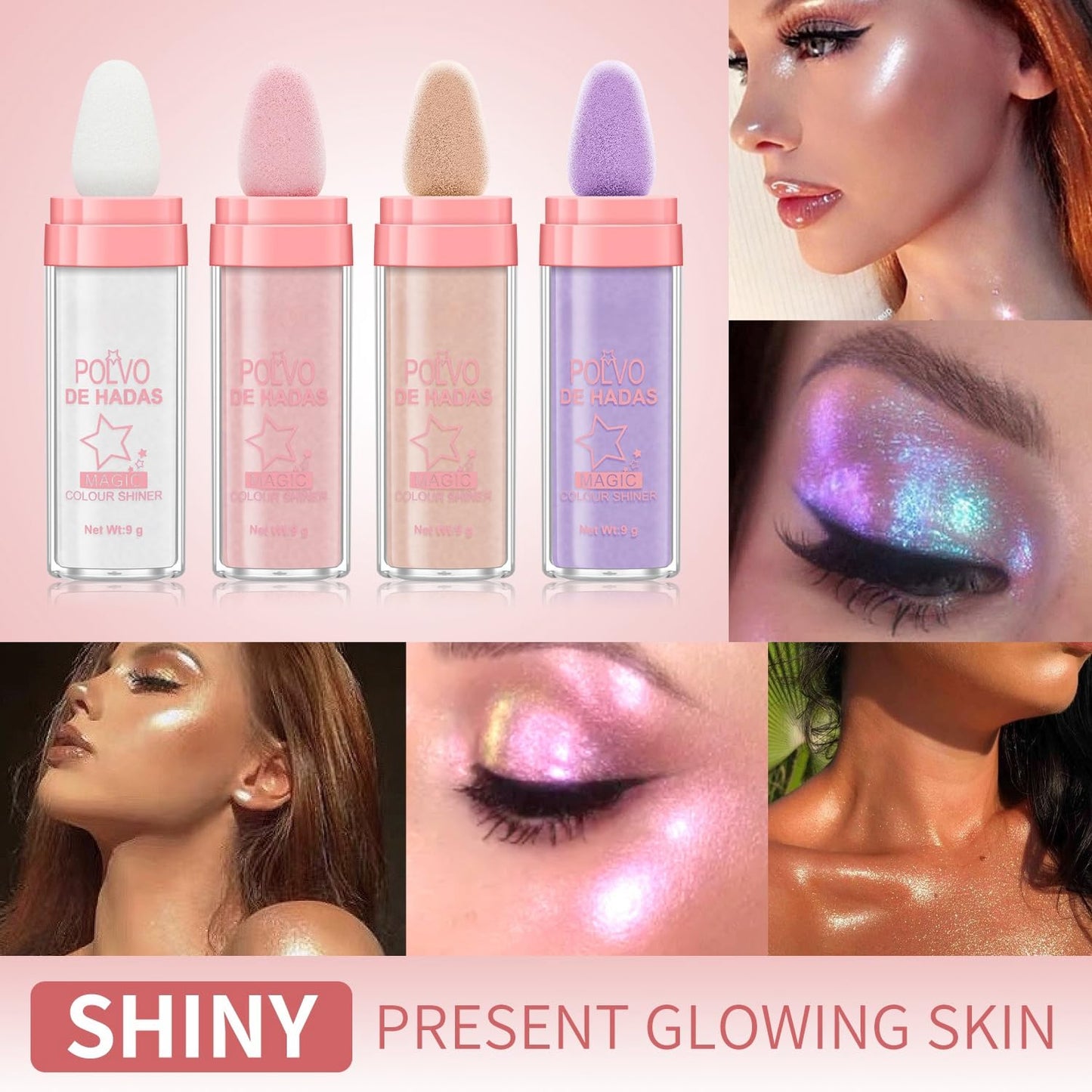 URQT 4 Color Polvo De Hadas Fairy Dust Highlight Patting Powder - Full Body Contouring and Clavicle Pearlescent Patting Powder for Face and Eye, Halloween Sparkling Body Glitter Powder (4 Pack)