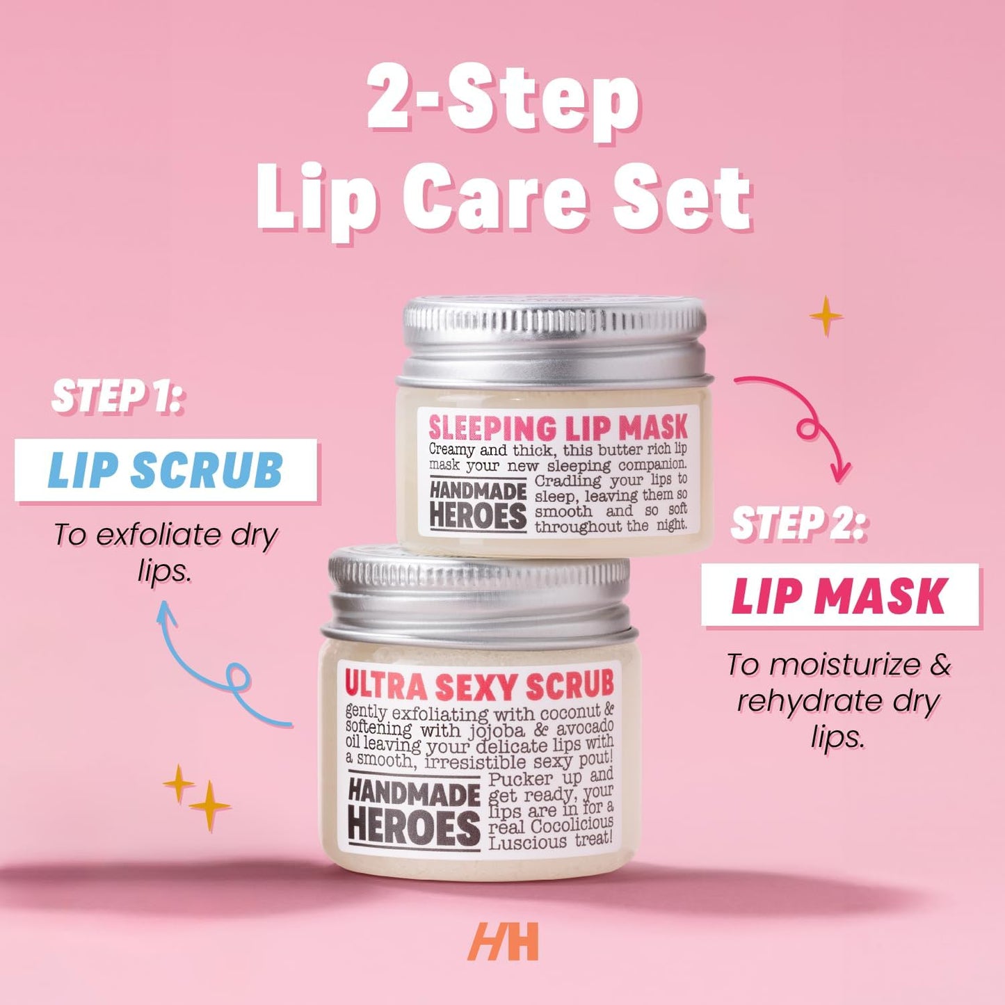 Handmade Heroes 100% Natural Coconut Lip Exfoliator & Lip Mask Gift Set - Gentle Exfoliant Sugar Lip Polish & Moisturizer for Chapped & Dry Lips