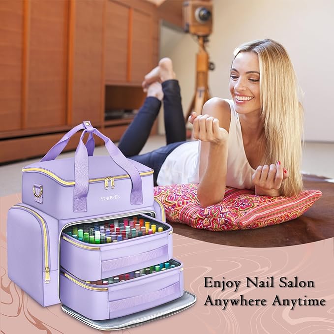 YOREPEK Extra Large Nail Polish Organizer Case Holds 96 to 100+ Bottles (15ml/0.5 fl.oz) UV lamp, Gel Polish Travel Case Bag with 2 Removable Pouches Fits Nail Suppiles, Gifts for Manicurist, Purple
