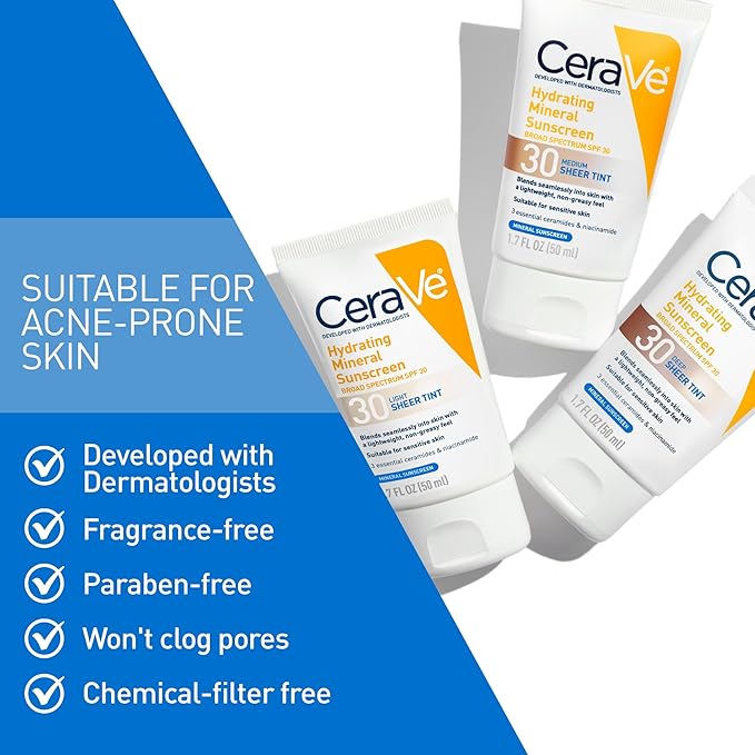 CeraVe Hydrating Mineral Sunscreen SPF 30 with Sheer Tint,Tinted Mineral Sunscreen with Zinc Oxide & Titanium Dioxide,Blends Seamlessly For Healthy Glow,Deep,1.7 Oz,(Pack of 2)