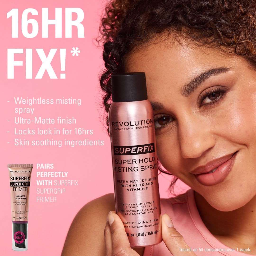 Revolution Beauty London, Superfix Misting Makeup Setting Spray, Ultra-Matte & Shine-Free Finish, Long-Lasting & Lightweight Mist, Infused with Vitamin E, 5.07 fl oz