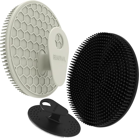 Silicone Body and Face Scrubber Set 3 Pack, BEAUTAIL Shower Bath Scrubber, Gentle Exfoliating Brush for Women Men Baby Sensitive Skin, More Hygienic Than Traditional Loofah, Long Lasting, Black+Gray