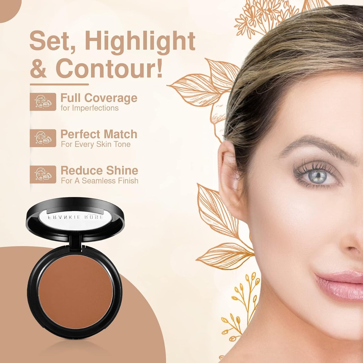 Frankie Rose Cosmetics Powder Foundation – Full Coverage Face Powder For Pores & Imperfections, Evens Out Skin Tone & Shine-Control | 58 Grams (Chestnut)