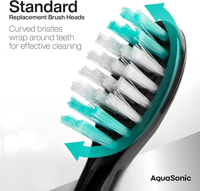 AquaSonic Genuine Standard Replacement Brush Heads | for Normal & Sensitive Teeth | Compatible with Many AquaSonic Toothbrush Handles (2 Pack Black)