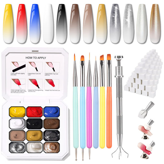 Sponge Pat Paint Nail Gel, Ombre Nails Gradient Gel Nail Blush Blooming Aura Nails Drawing Stripper Floral Painting DIY Nail Art, No Wipe, UV/LED Curing (12 Colors M)