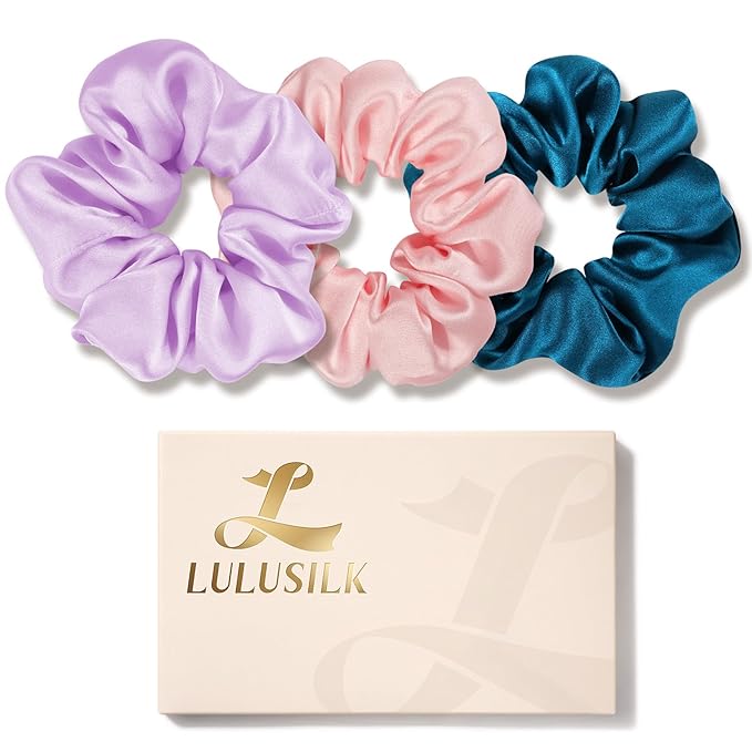 LULUSILK Silk Scrunchies for Hair Sleep, 100% Real Mulberry Silk, No Damage Hair Ties for Women and Girls, Lavender Pink and Peacock Blue, Pack of 3