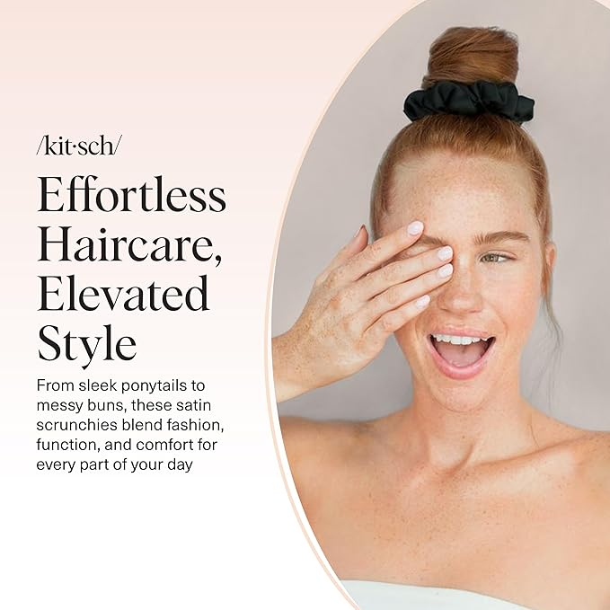 Kitsch Satin Scrunchies for Women - No Crease, Frizz Control | Softer Than Silk Scrunchies Gentle On Hair Scrunchies for All Hair Types | Stylish Hair Accessories College Essentials - Black, 5pcs