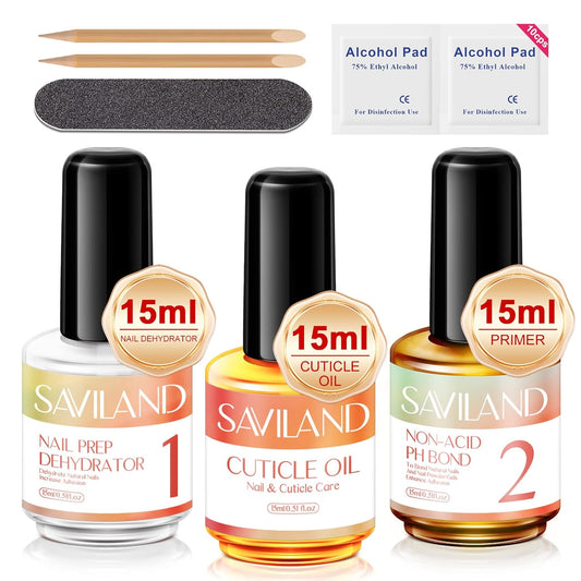 SAVILAND 15 ML Nail Dehydrator and Primer and Cuticle Oil for Nails – 16PCS Natural Acid-free Nail Primer and Dehydrator Nail Prep for Gel Nail Polish & Acrylic Nails Salon Nail Art Tools