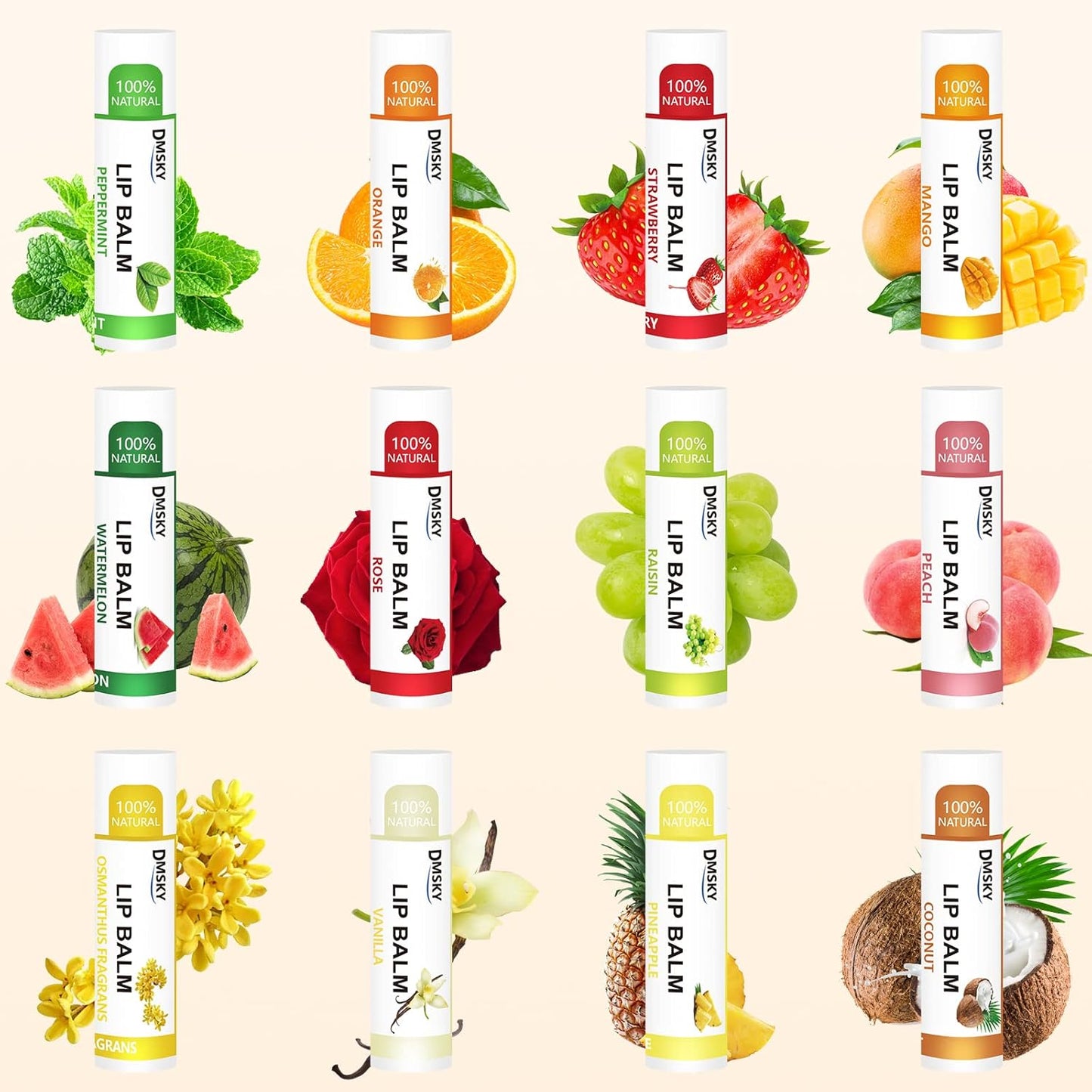 DMSKY 108 Pack Lip Balm, Natural Lip Balms Bulk with Vitamin E and Coconut Oil, Moisturizing Lip Balms for Chapped Lips, Bulk Lip Balm for Women-12 Flavors