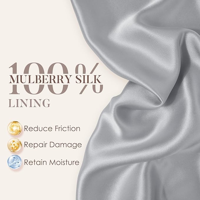 LULUSILK 100% Mulberry Silk Lined Sleep Cap, Adjustable Silk Hair Wrap for Sleeping, Assorted Color Light Grey