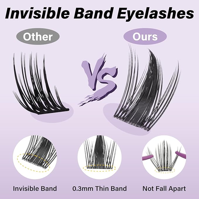 B&Q Fairy Max Lash Clusters Kit Natural Wispy Invisible Band Manga Individual Lashes Bond and Seal Eyelash Extension Kit Easy Removal (Kit-Fairy Max-8-18mm)