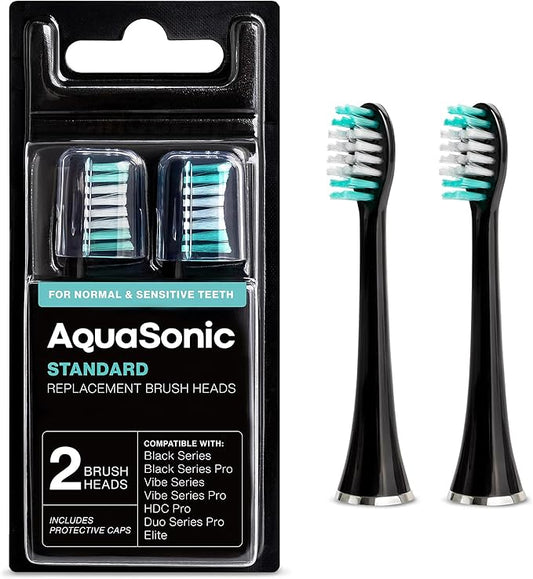 AquaSonic Genuine Standard Replacement Brush Heads | for Normal & Sensitive Teeth | Compatible with Many AquaSonic Toothbrush Handles (2 Pack Black)