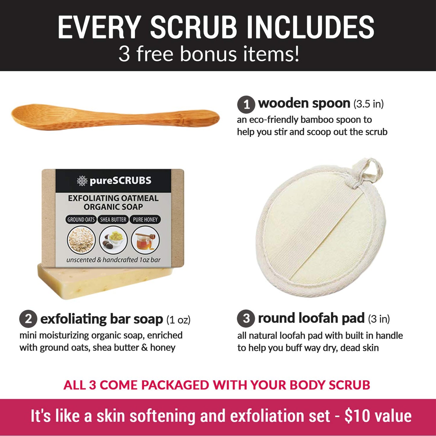 pureSCRUBS Premium Sea Salt Body Scrub Set - Large 16oz Peppermint Scrub With Infused Essential Oils & Nutrients, Includes Wooden Spoon, Loofah & Oatmeal Exfoliating Bar Soap