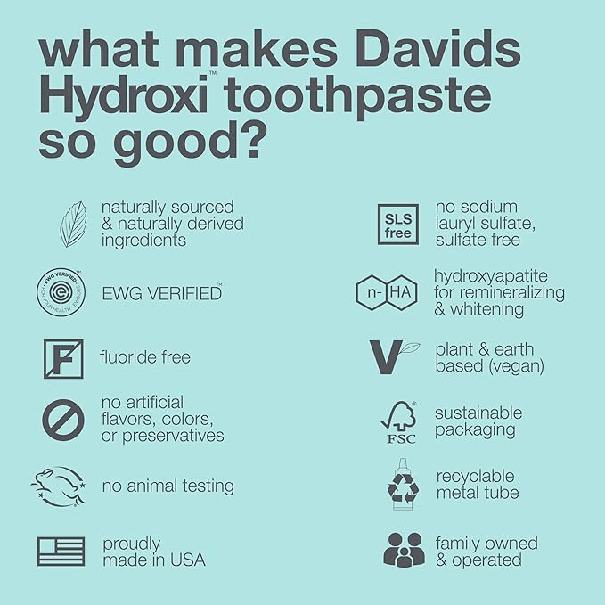 Davids Hydroxi Fluoride Free Nano Hydroxyapatite Toothpaste for Enamel Health & Whitening, Antiplaque, SLS Free, Kid Friendly Spearmint Flavor, 4 oz