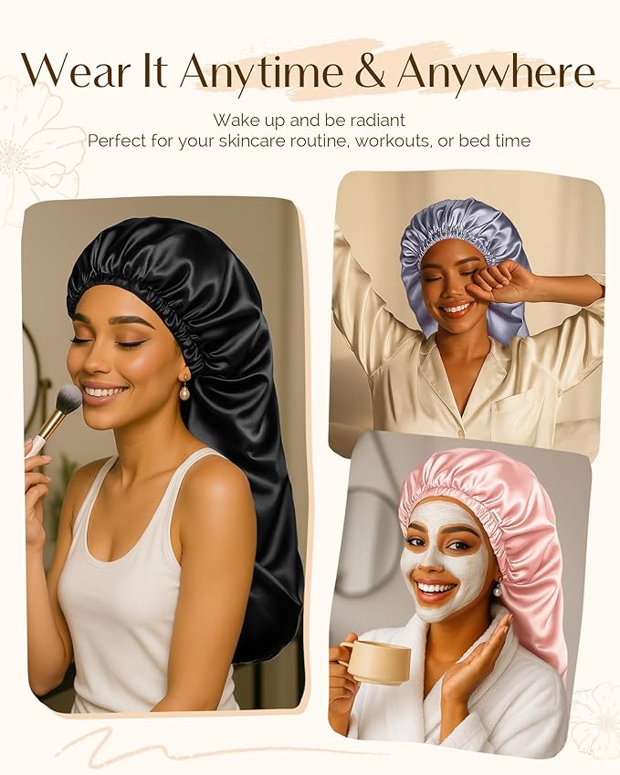 YANIBEST Satin Sleep Bonnet for Natural Hair - Extra Double Layer Long Adjustable Silk Hair Bonnet for Braids, Locs, Curls - Women’s Night Hair Protection Cap