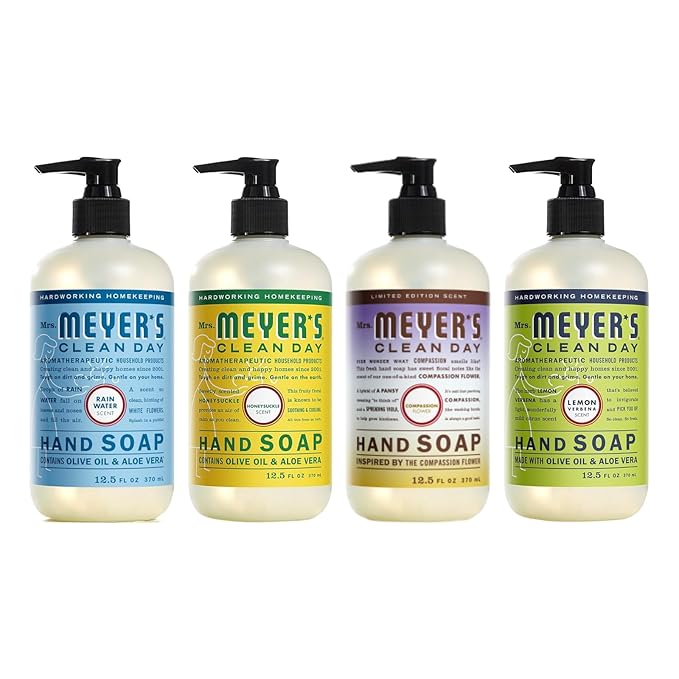 Mrs. MEYER'S CLEAN DAY Liquid Hand Soap 4 Pack Variety, Honeysuckle, Rain Water, Compassion Flower, & Lemon Verbena, 12.4 OZ Each, 1 CT Variety Pack