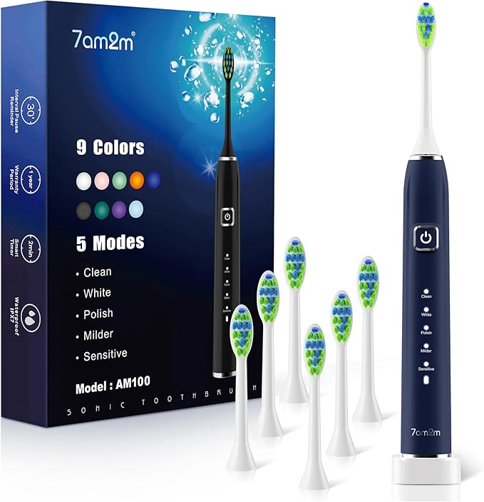 7AM2M Sonic Electric Toothbrush with 6 Brush Heads for Adults and Kids, One Charge for 120 Days, Wireless Fast Charge, 5 Modes with 2 Minutes Built in Smart Timer, Electric Toothbrushes (Navy Blue)