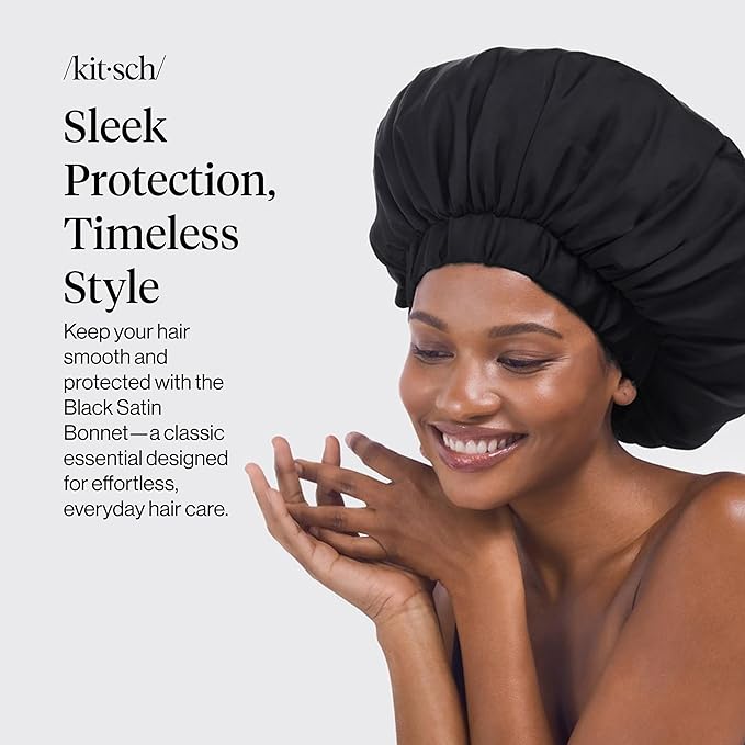 Kitsch XL Satin Bonnet for Sleeping - Softer Than Silk Bonnet For Sleeping Women - Secure Fit, Adjustable, Night Cap For Curly & Textured Hair - Prevents Breakage, Tangles & Thinning - Black