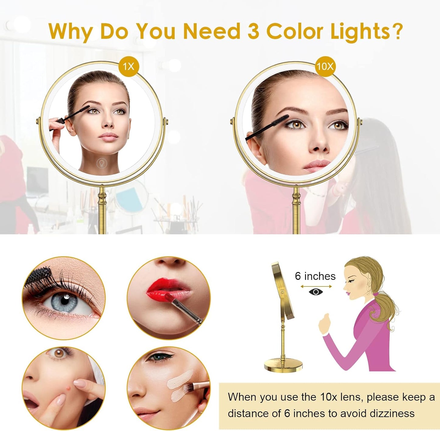 Lighted Makeup Mirror, 3000 mAh Rechargeable Double Sided Magnifying Vanity Mirror with 3 Colors, 1x/10x, 360° Rotation , Brightness Adjustable Magnification Cosmetic Light up Mirror, Women Gift