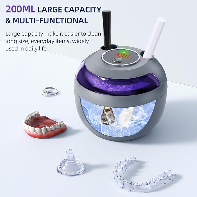 Ultrasonic Retainer Cleaner Machine, 45kHz Ultrasonic Denture Cleaner with 200ML Capacity & 4 Modes for Dental Cleaning Pod, Aligners, Mouthguards, Retainers, Jewelry, Grey