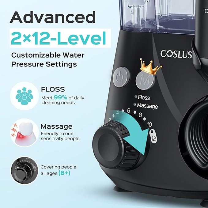 COSLUS E2 Advanced Water Flosser for Teeth: 2 Modes & 12 Pressure Settings Electric Dental Pick for Orthodontic, Braces, Sensitive Gums - Home Use, 5 Jet Tips for Multiple Users, Family, Black