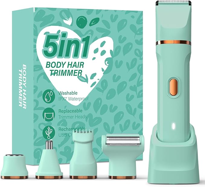 5-in-1 Bikini Trimmer for Women, IPX7 Waterproof Electric Razors Shaver, Cordless Body Hair Trimmer, Facial & Pubic Hair Removal, Ceramic Blade (Pure Green)