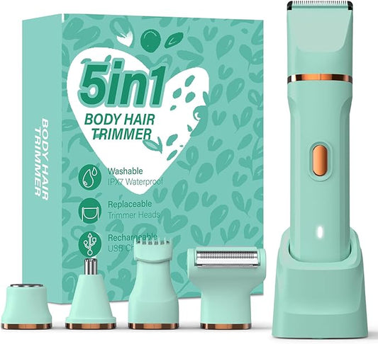 5-in-1 Bikini Trimmer for Women, IPX7 Waterproof Electric Razors Shaver, Cordless Body Hair Trimmer, Facial & Pubic Hair Removal, Ceramic Blade (Pure Green)
