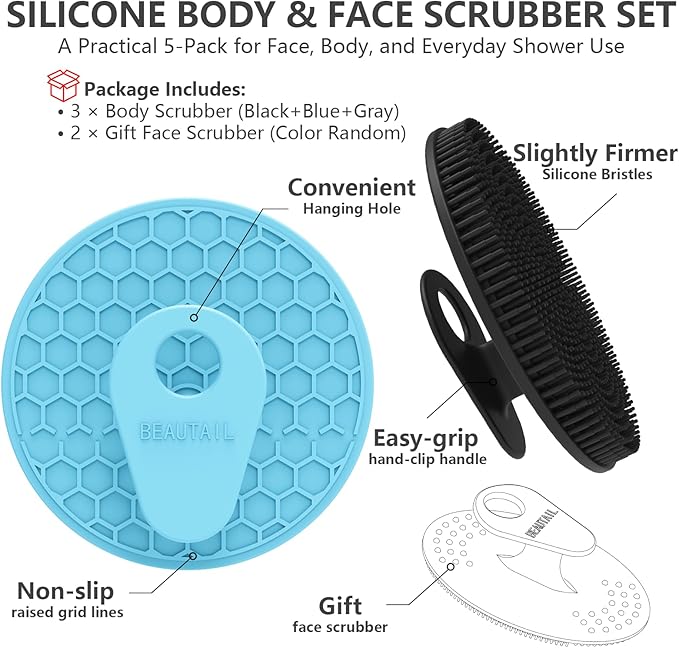 Silicone Body and Face Scrubber Set 5 Pack, BEAUTAIL Shower Bath Scrubber, Gentle Exfoliating Brush for Women Men Sensitive Skin, More Hygienic Than Traditional Loofah, Long Lasting, Black+Blue+Gray