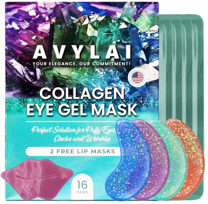 Under Eye Patches(16 Pairs and 2 Lip Masks)-Collagen Eye Gel Pads with Hyaluronic Acid for Puffy Eyes and Dark Circles-Under Eye Mask Patches for Cooling and Relaxation-Vegan and Cruelty-Free