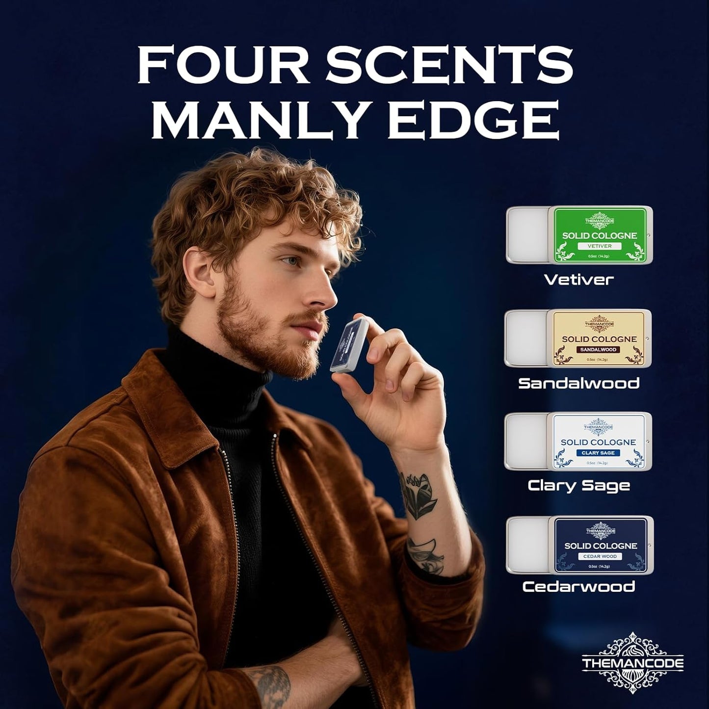Solid Cologne for Men, Stocking Stuffers, Gifts for Men, Sandalwood, Vetiver, Cedarwood, Sage Scents, 4 Pack