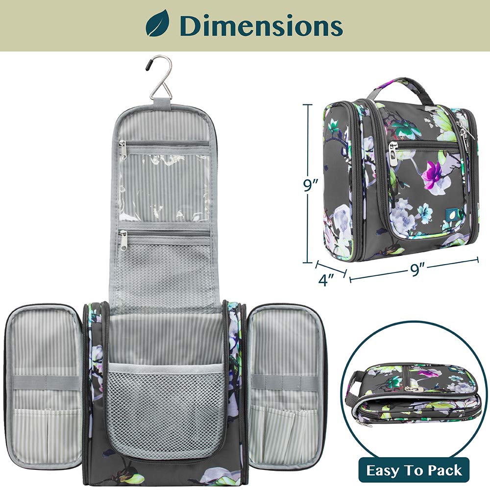 PAVILIA Toiletry Bag Travel Bag for Women Men, Hanging Cosmetic Organizer, Water Resistant Makeup Bag for Accessories Toiletries, Large Travel Essentials Kit (Floral Grey)