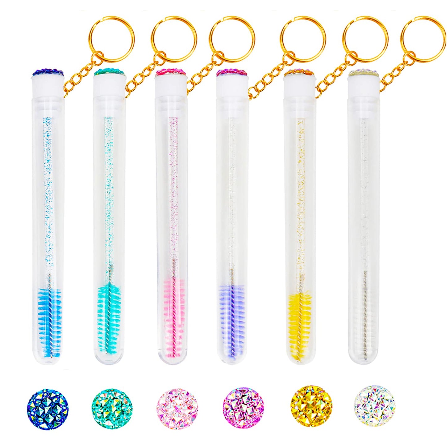 48 Pieces Disposable Mascara Wands Set,Include 24 pcs Disposable Crystal Lash Spoolies Brush and 24 Pieces Reusable Diamond keychain Empty Eyelash Brush Tubes for Women Girls Makeup Brush Kit