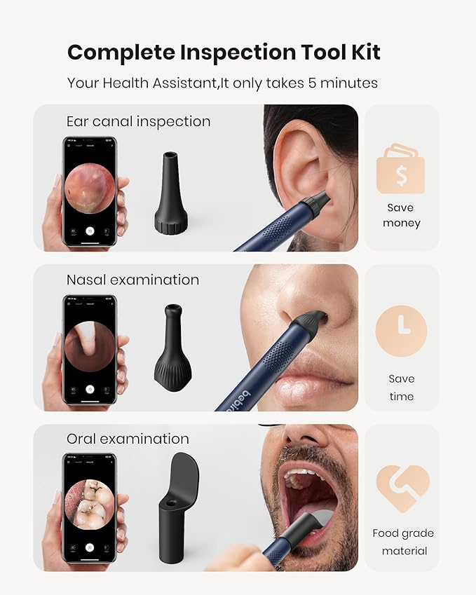 BEBIRD R1 Wax Removal Tool for Ear - Spade Ear Canal Cleaner with Camera 1080P Earscope, Wax Remove Ear Picker with Vari Replacement Tips, Camera with 6LED Light for Ear/Nose/Throat Examination, Blue
