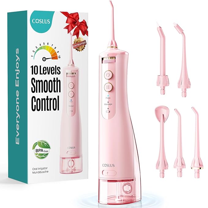 COSLUS E40 Portable Water Flosser for Teeth: 10 Pressure Settings Professional Water Dental Pick for Orthodontic, Braces & Sensitive Gums - Cordless for Travel Use, for Adults Teens, BPA-Free