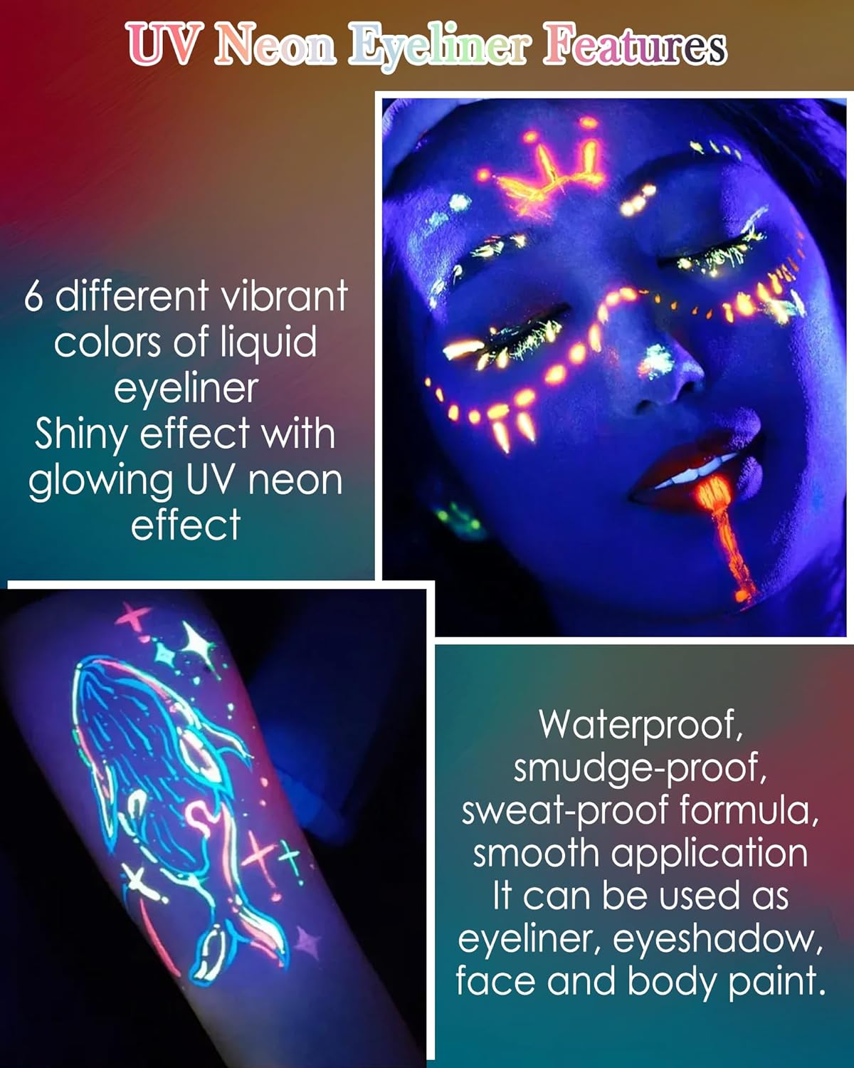 Glitter UV Neon Eyeliner Pencil, Waterproof Smudge-Proof Pink Eye Liner Liquid Pen, High-Pigment Shimmer Eyeliner Pen Long-Lasting Colorful Professional Makeup, Halloween Rave Party Gift for Women-02