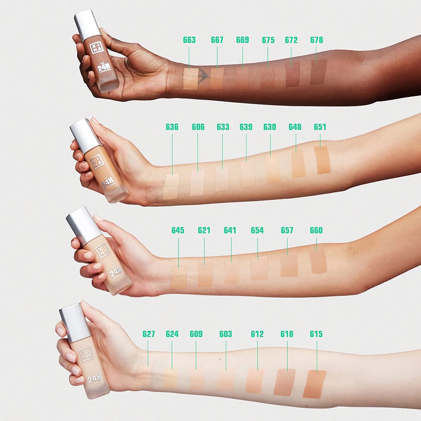 3INA The 24H Foundation 624-24H Long-Wearing Formula - Medium To High Buildable Coverage - Smooth Matte Finish - Expanded Shade Selection - Waterproof, Cruelty Free, Vegan Makeup - 1.01 Oz