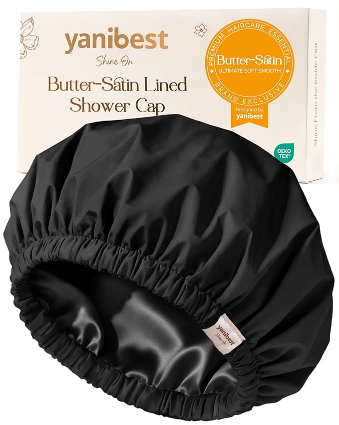 Yanibest Satin Lined Shower Cap for Women Reusable Waterproof, Large Bath Cap with Soft Elastic Band, Luxury Hair Protection Caps (Black)