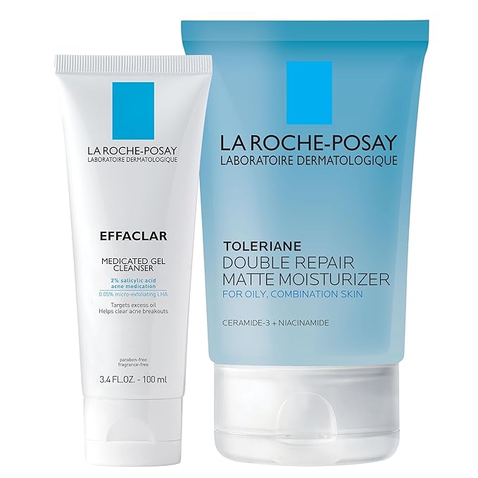 La Roche-Posay Acne Skin Care Set, Toleriane Double Repair Matte Moisturizer 75ml & Effaclar Medicated Gel Cleasner 100ml, Gel Moisturizer with Niacinamide & Acne Cleasner with Salicylic Acid