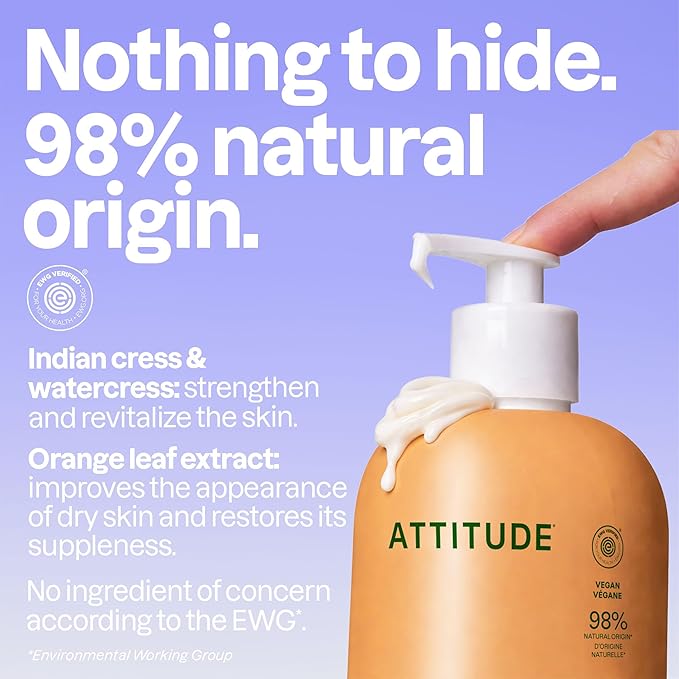 ATTITUDE Body Lotion, EWG Verified Moisturizer, Vegan Skin Care Products, Non-Greasy, Hydrating for Dry Skin, Cruelty Free, Orange Blossom & Eucalyptus Scent, 16 Fl Oz