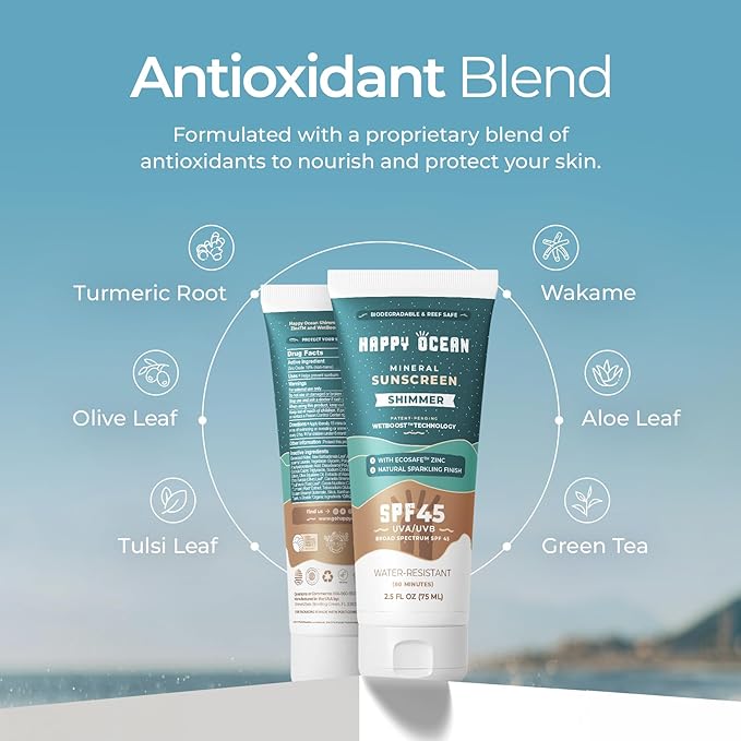 Shimmer Sunscreen SPF 45, Mineral Body Glow with Glitter – Reef Safe Zinc Oxide, Radiant Finish, Face & Body