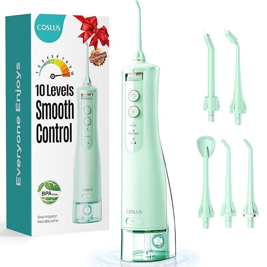COSLUS E40 Portable Water Flosser for Teeth: 10 Pressure Settings Professional Water Dental Pick for Orthodontic, Braces & Sensitive Gums - Cordless for Travel Use, for Adults Teens, BPA-Free